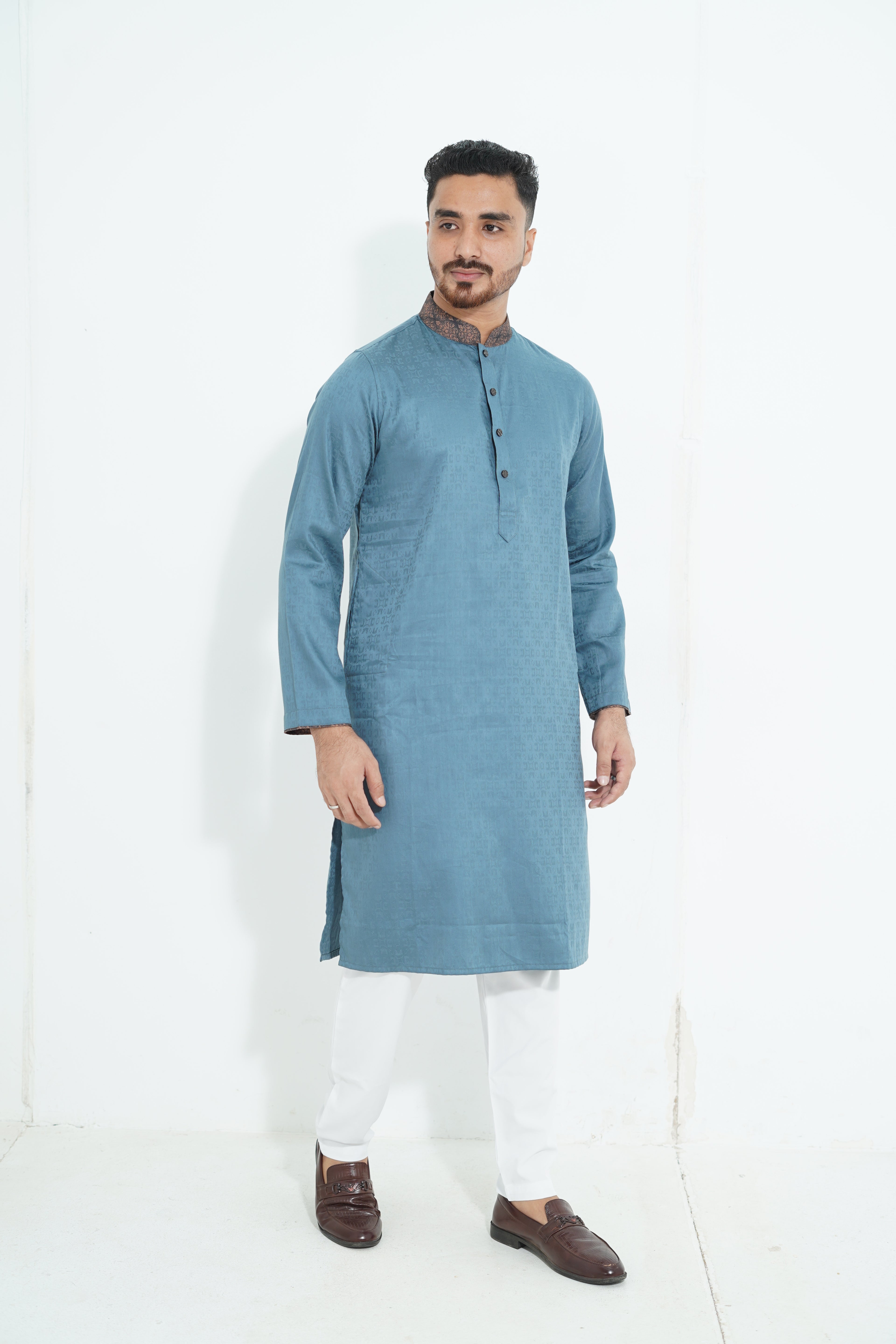 Premium Steel Blue Textured Panjabi with Printed Collar & Cuffs