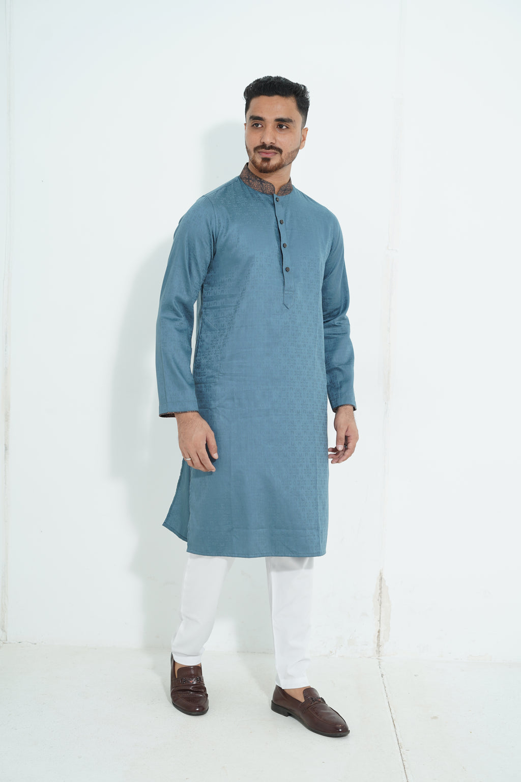 Premium Steel Blue Textured Panjabi with Printed Collar & Cuffs