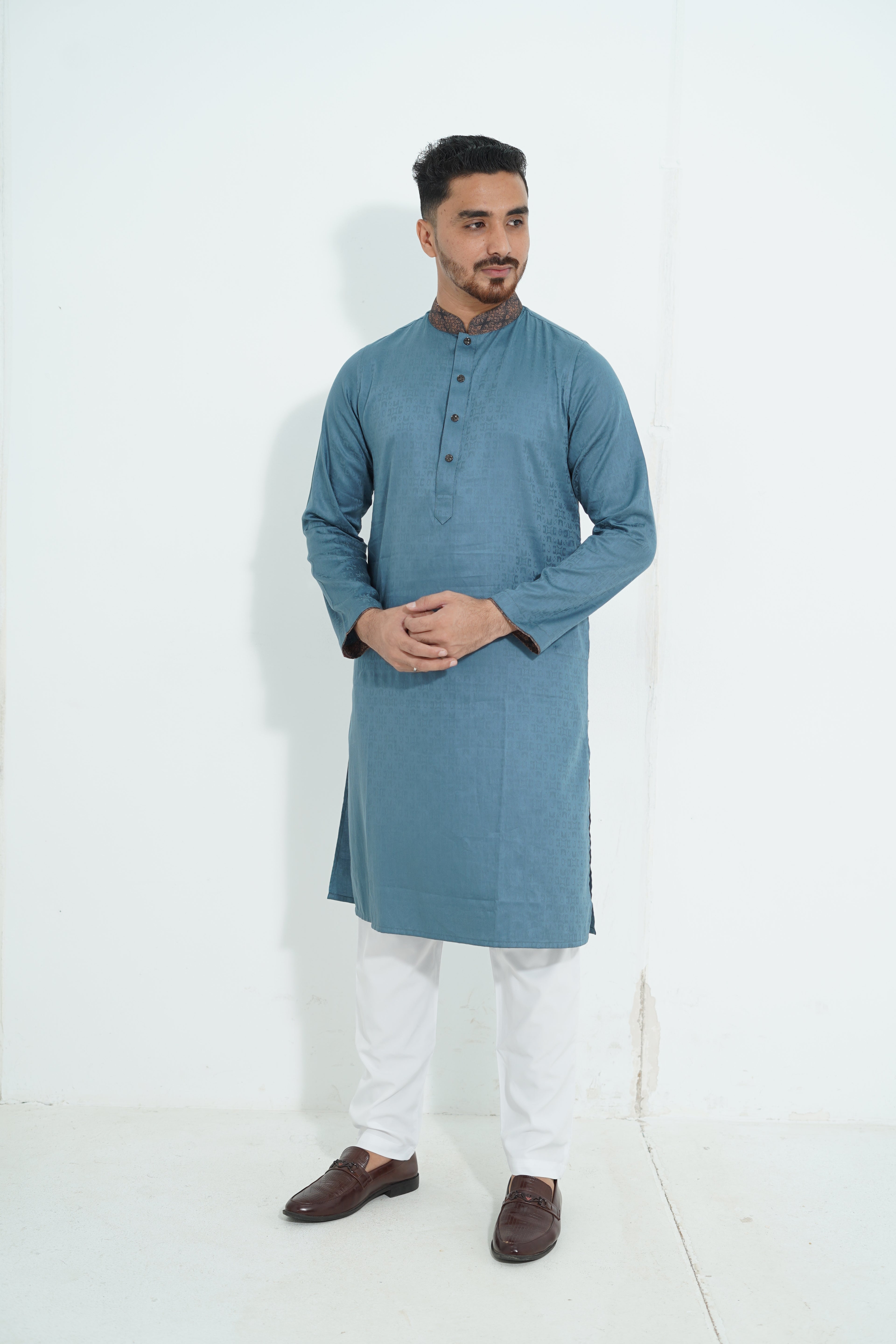 Premium Steel Blue Textured Panjabi with Printed Collar & Cuffs