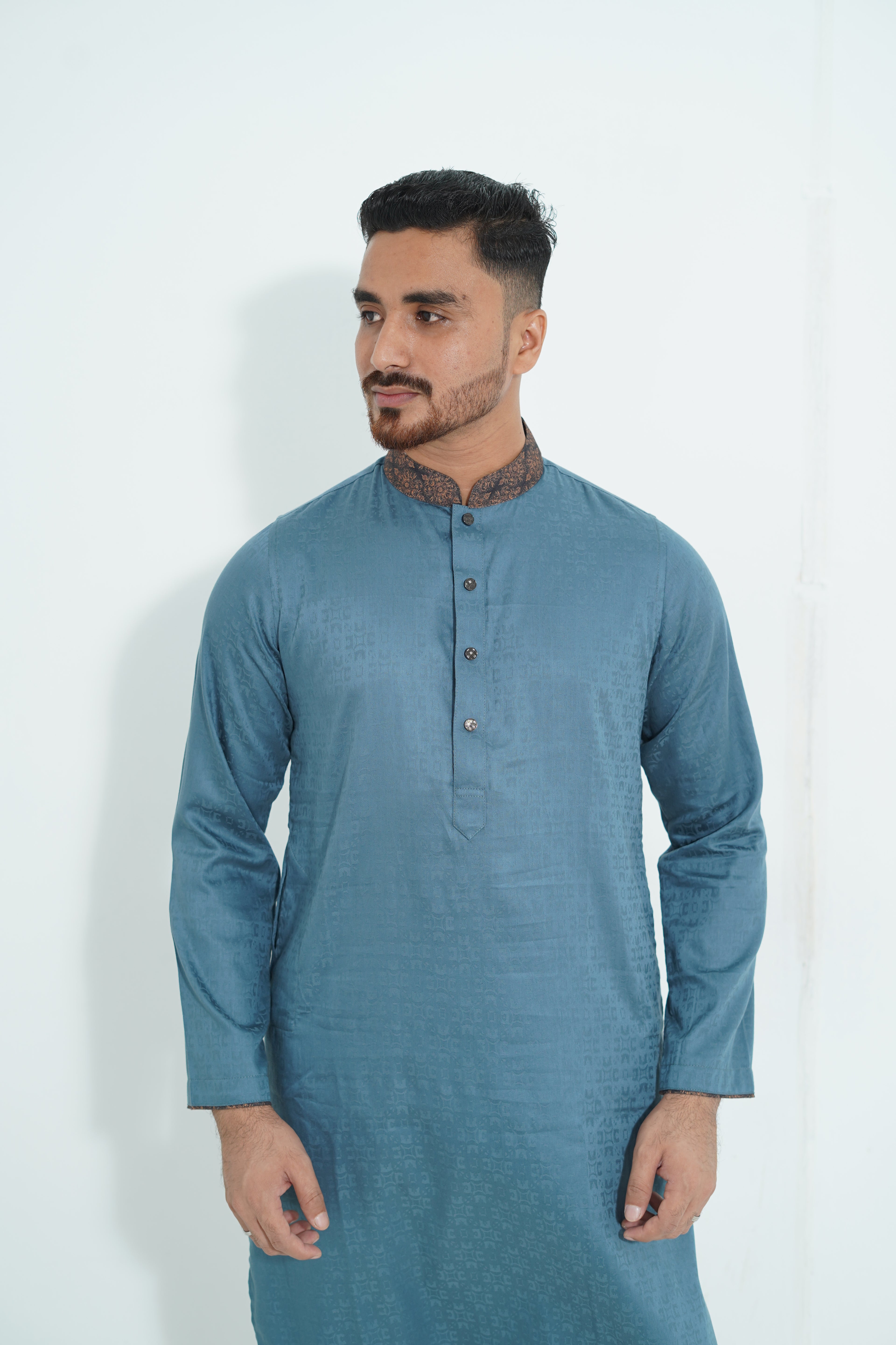 Premium Steel Blue Textured Panjabi with Printed Collar & Cuffs