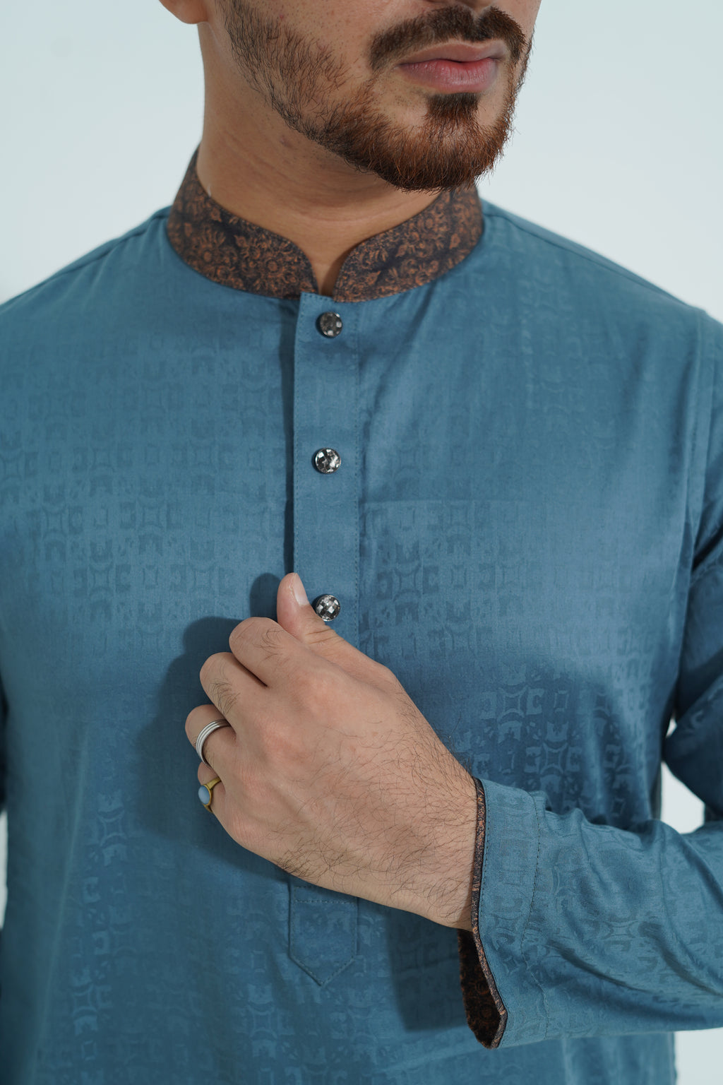 Premium Steel Blue Textured Panjabi with Printed Collar & Cuffs