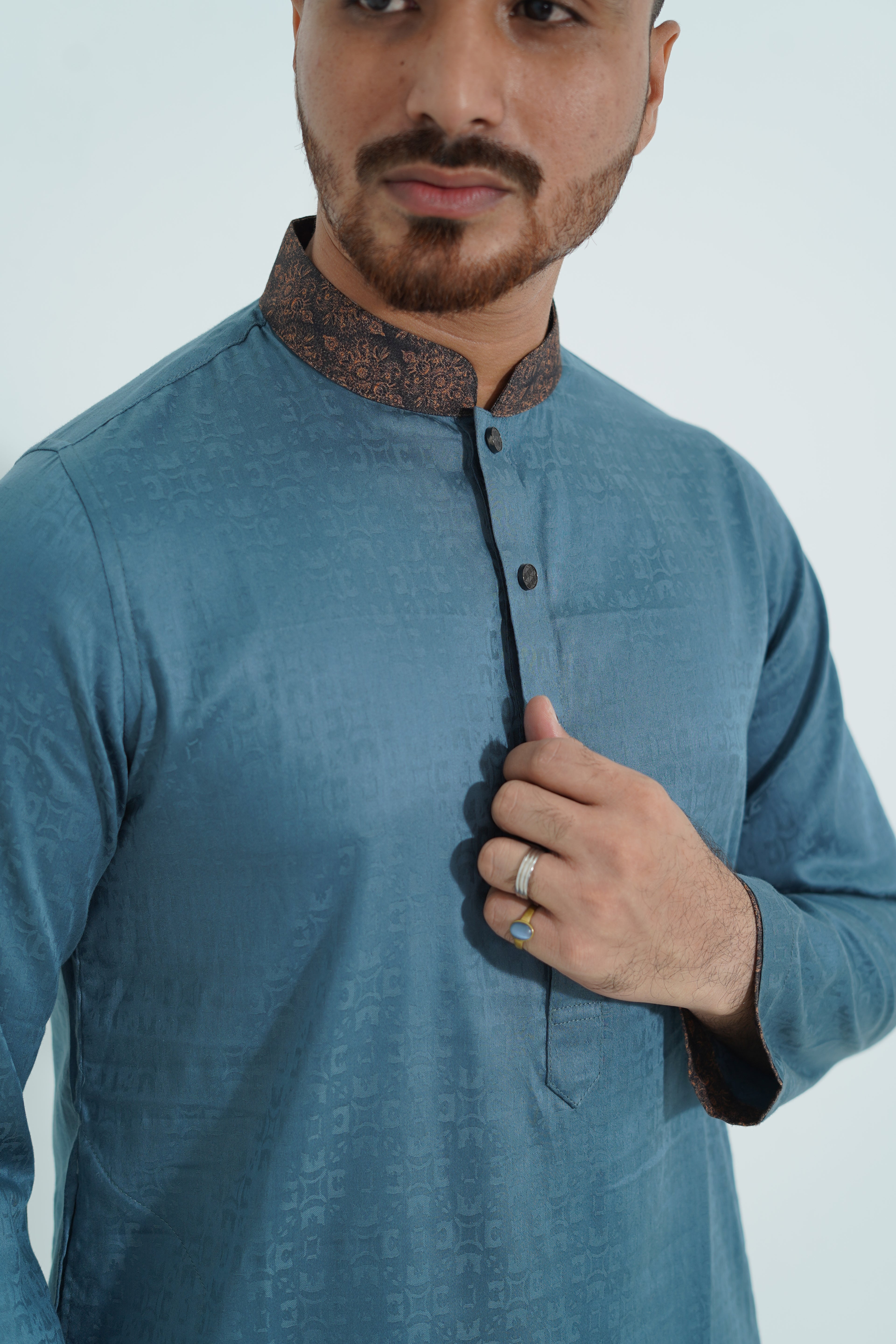 Premium Steel Blue Textured Panjabi with Printed Collar & Cuffs