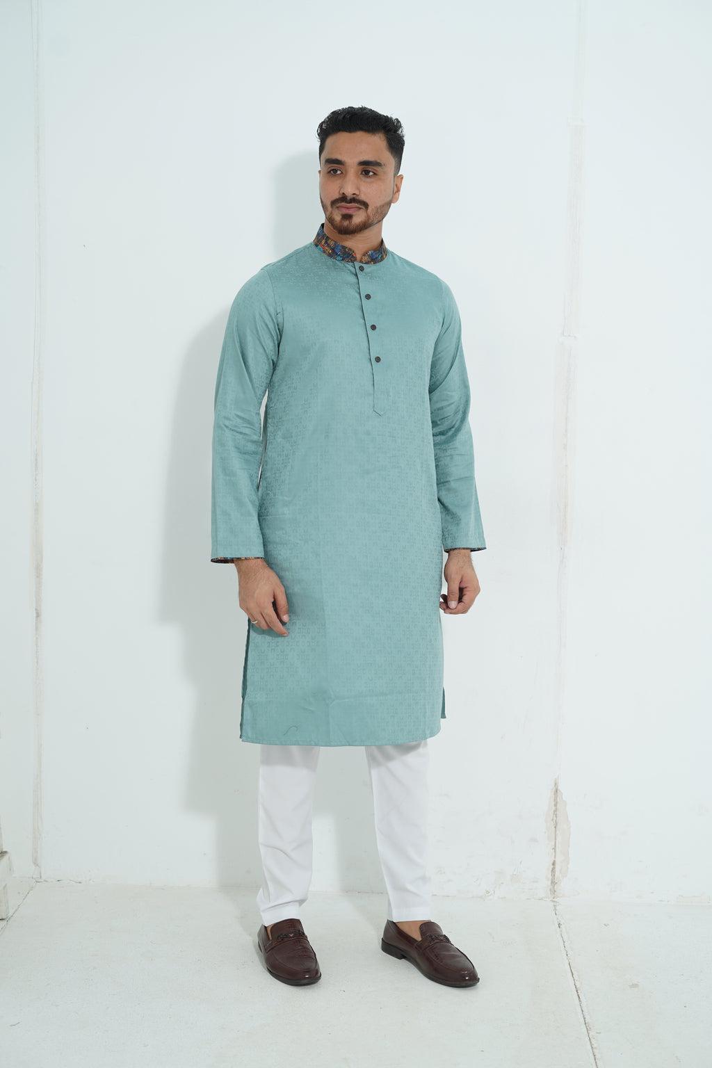 Premium Mint Green Textured Panjabi with Abstract Printed Collar