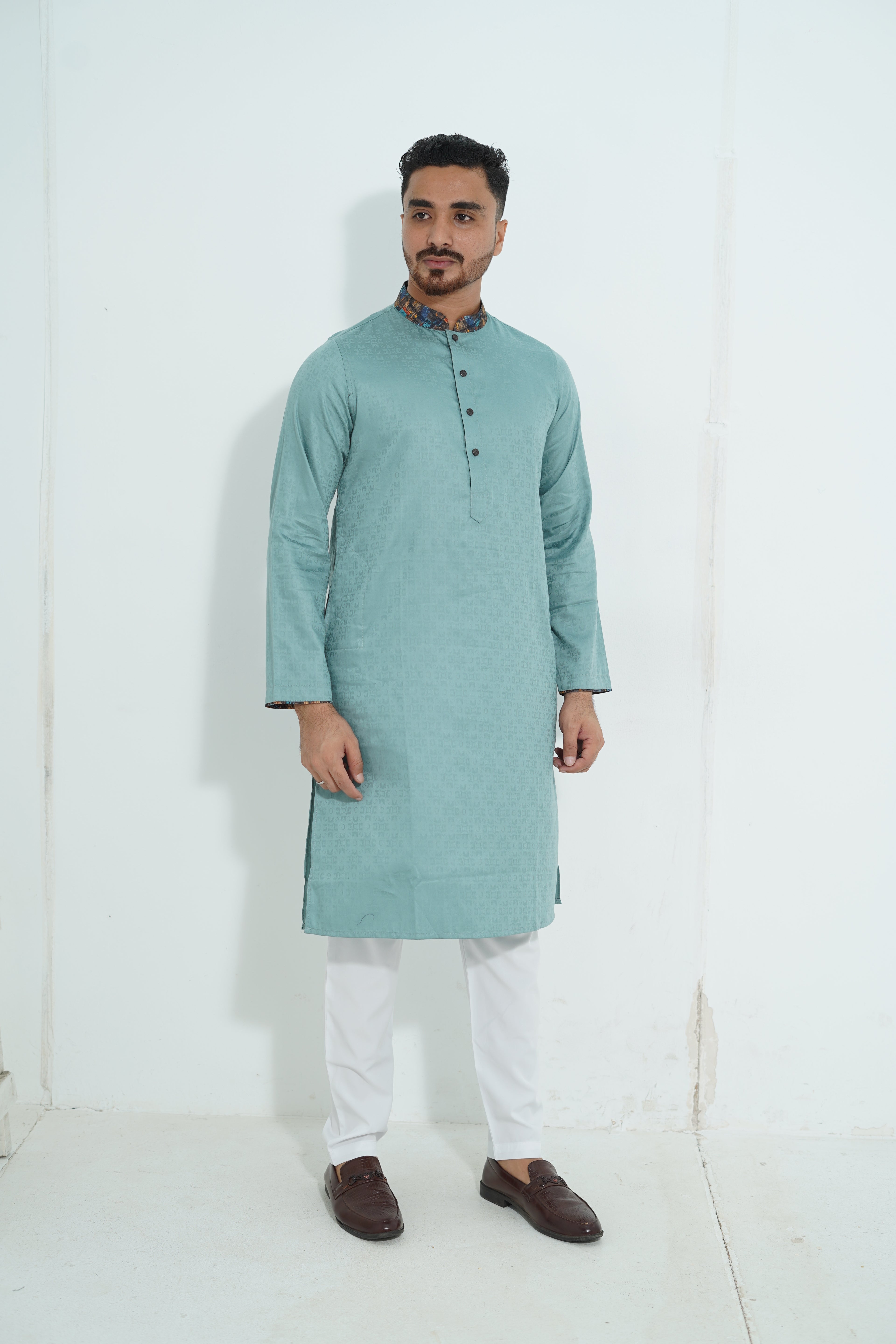 Premium Mint Green Textured Panjabi with Abstract Printed Collar