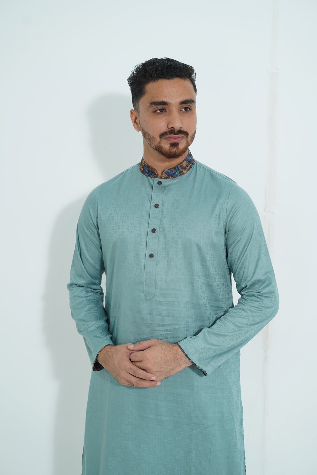 Premium Mint Green Textured Panjabi with Abstract Printed Collar