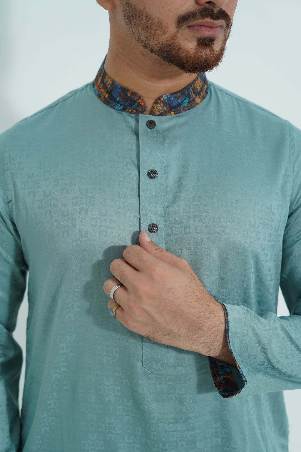 Premium Mint Green Textured Panjabi with Abstract Printed Collar