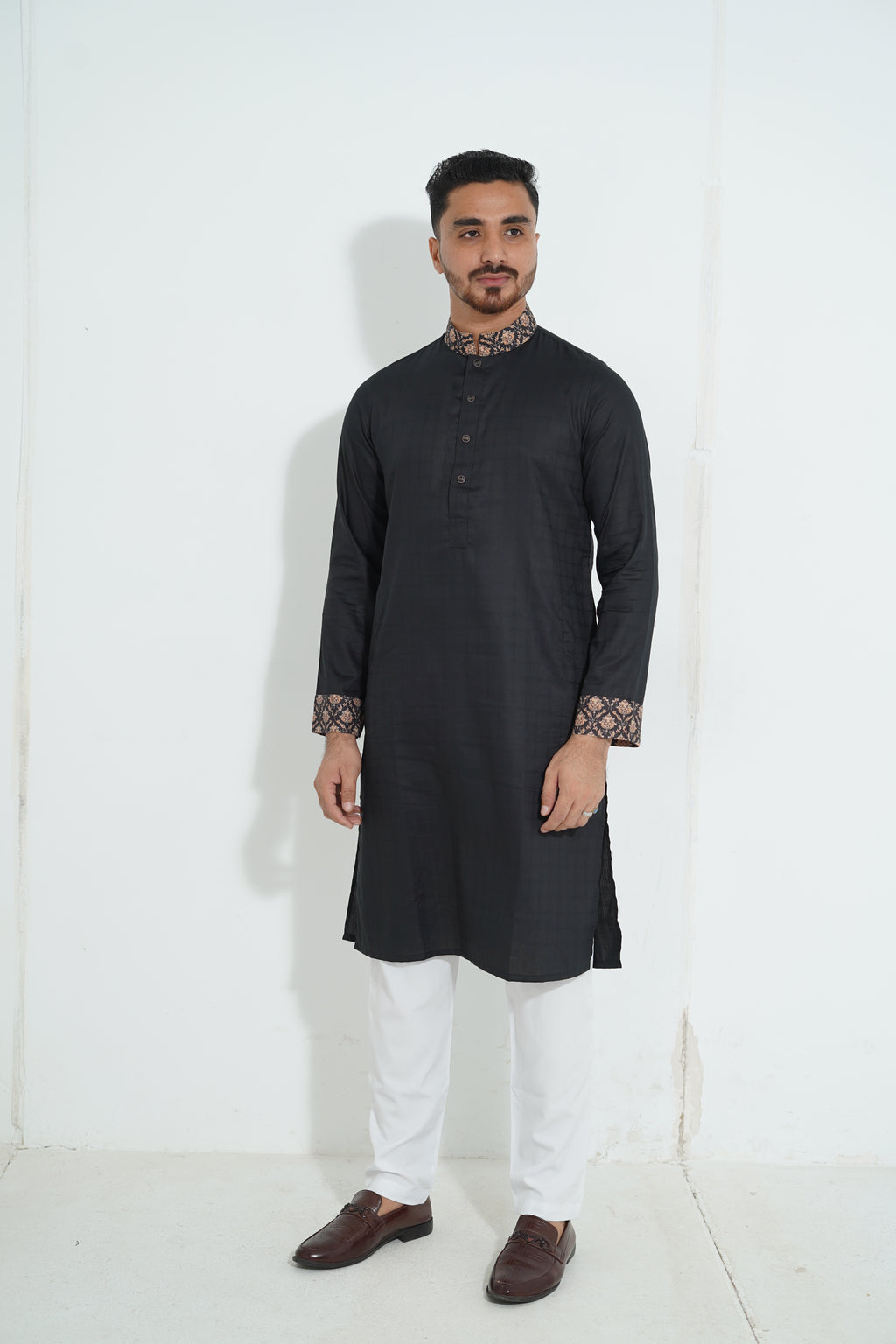 Pure White Textured Premium Punjabi with Contrast Collar