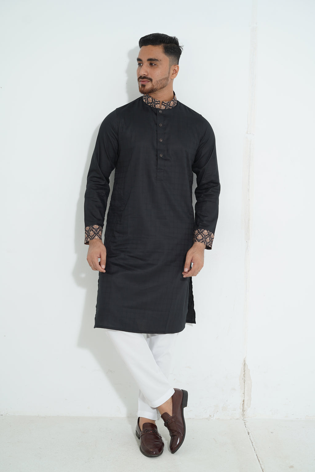 Pure White Textured Premium Punjabi with Contrast Collar