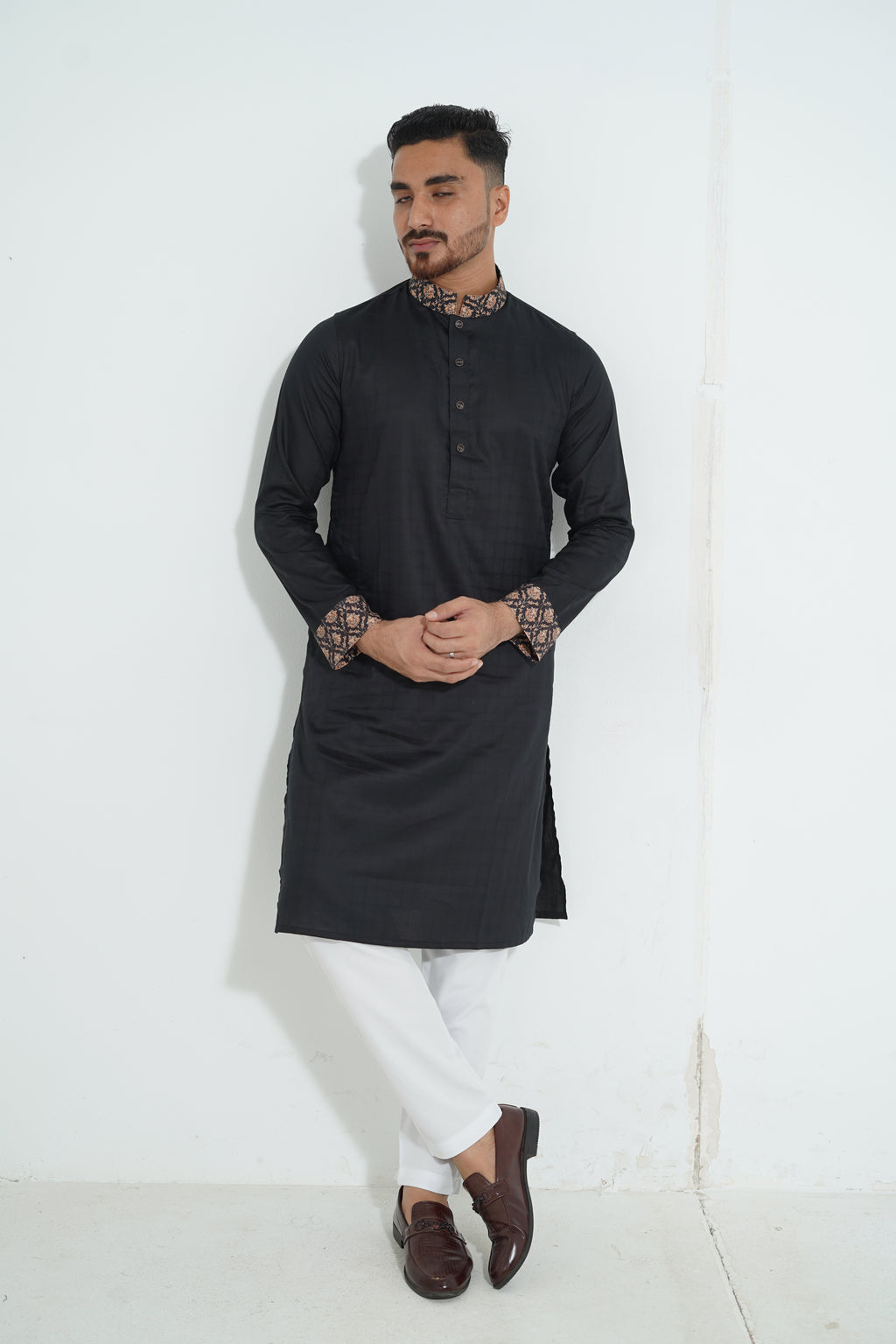Pure White Textured Premium Punjabi with Contrast Collar