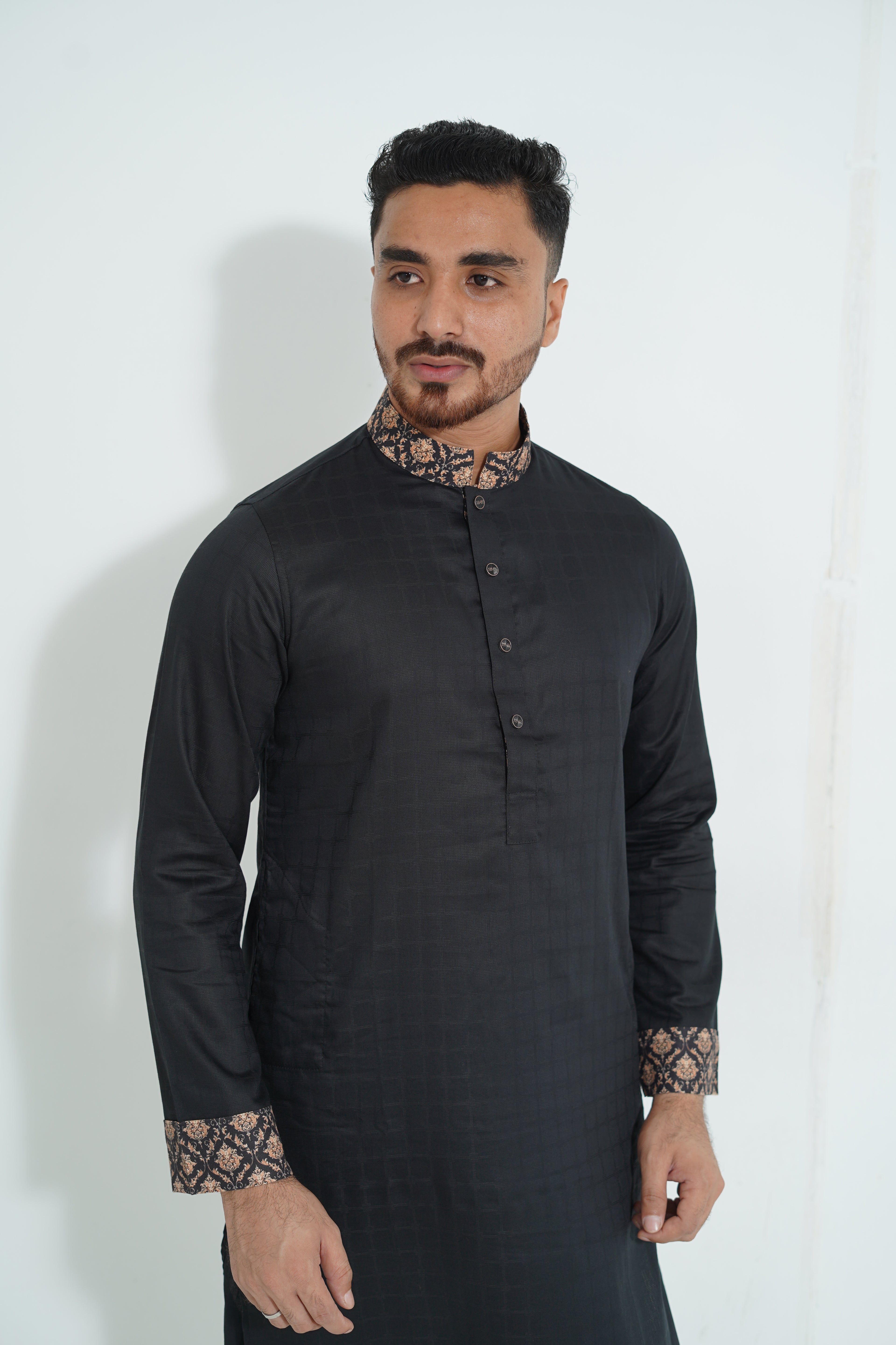Pure White Textured Premium Punjabi with Contrast Collar