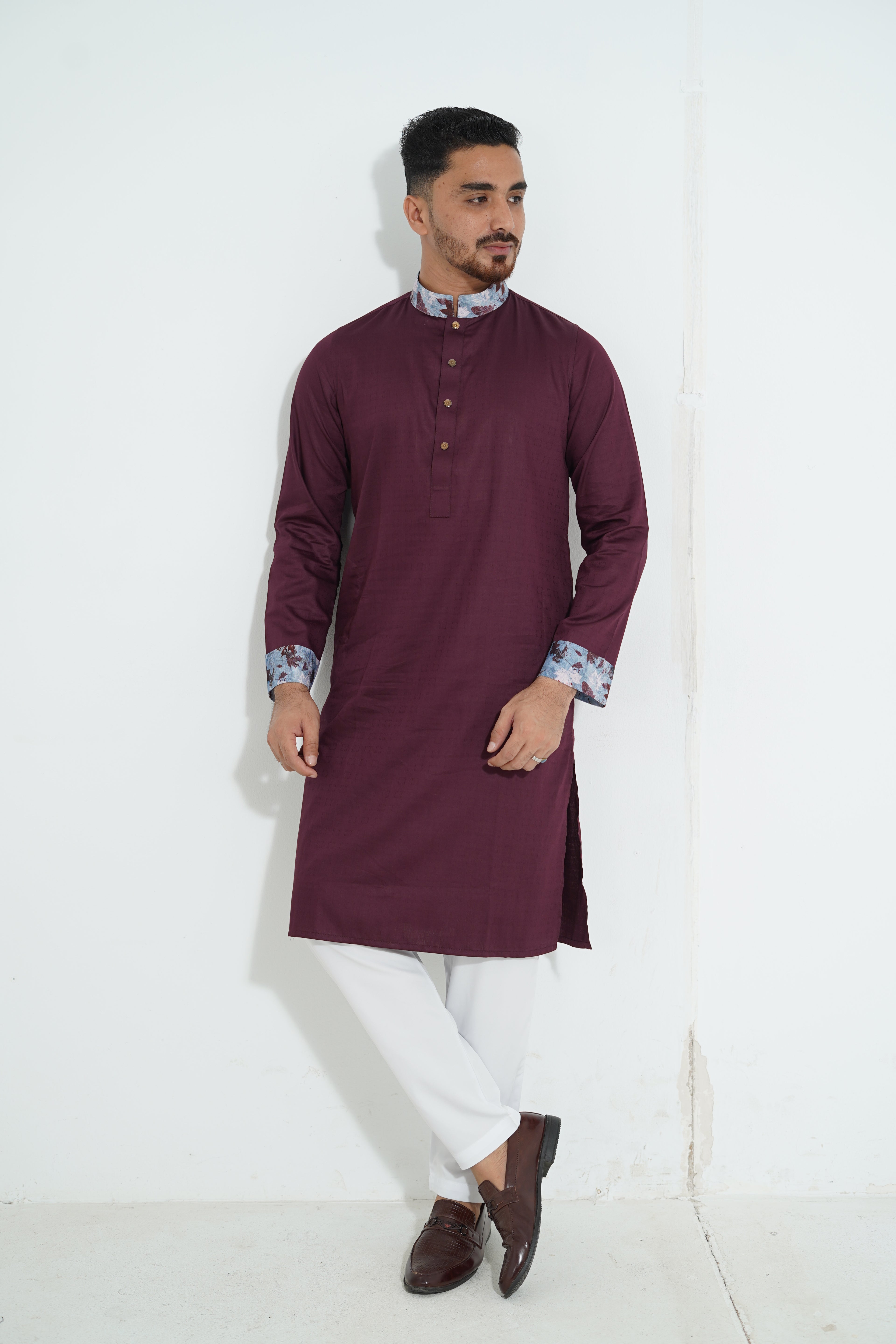 Premium Magenta Panjabi with Floral Printed Collar & Cuffs
