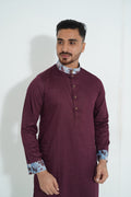 Premium Magenta Panjabi with Floral Printed Collar & Cuffs
