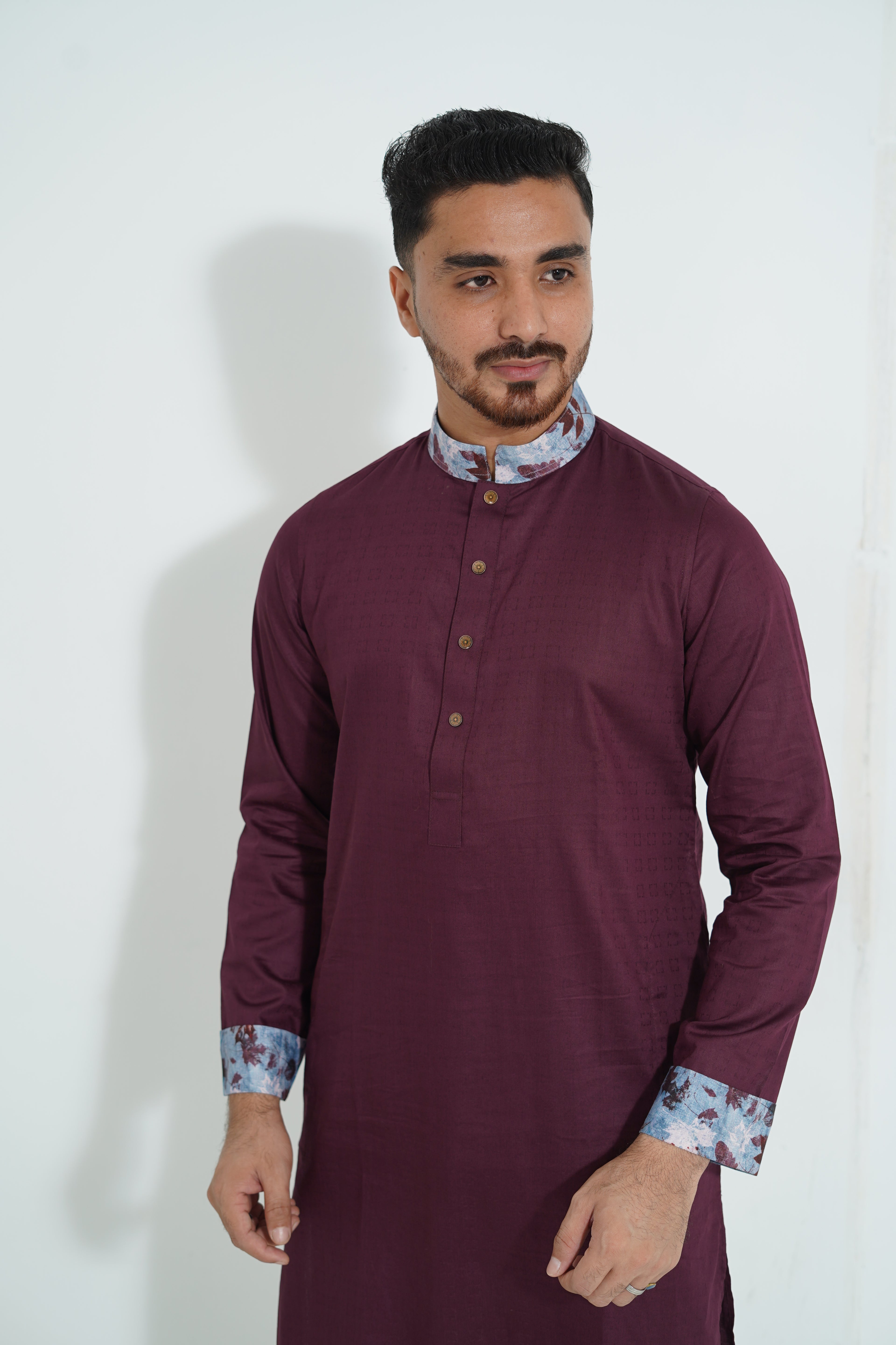 Premium Magenta Panjabi with Floral Printed Collar & Cuffs