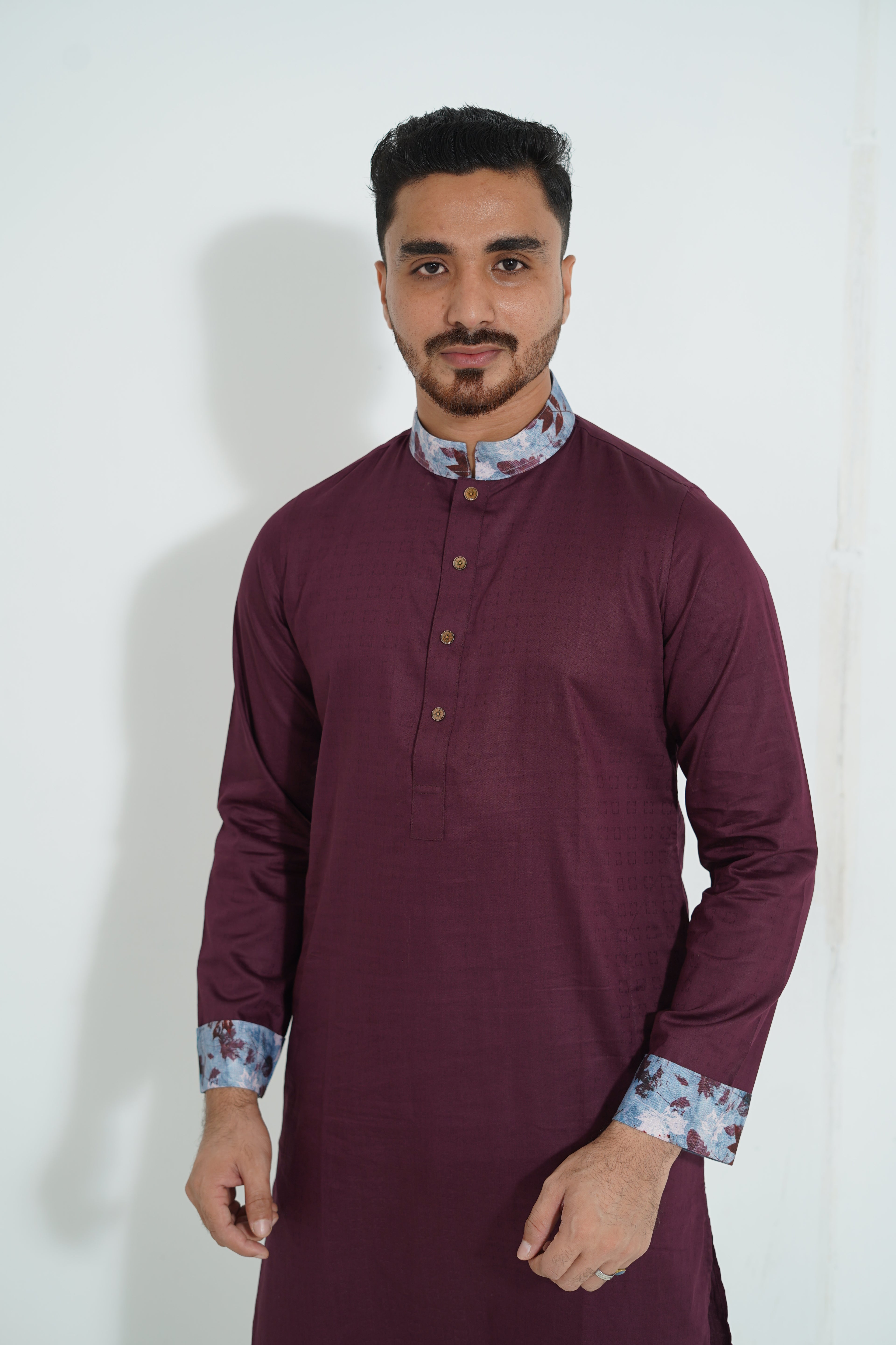Premium Magenta Panjabi with Floral Printed Collar & Cuffs