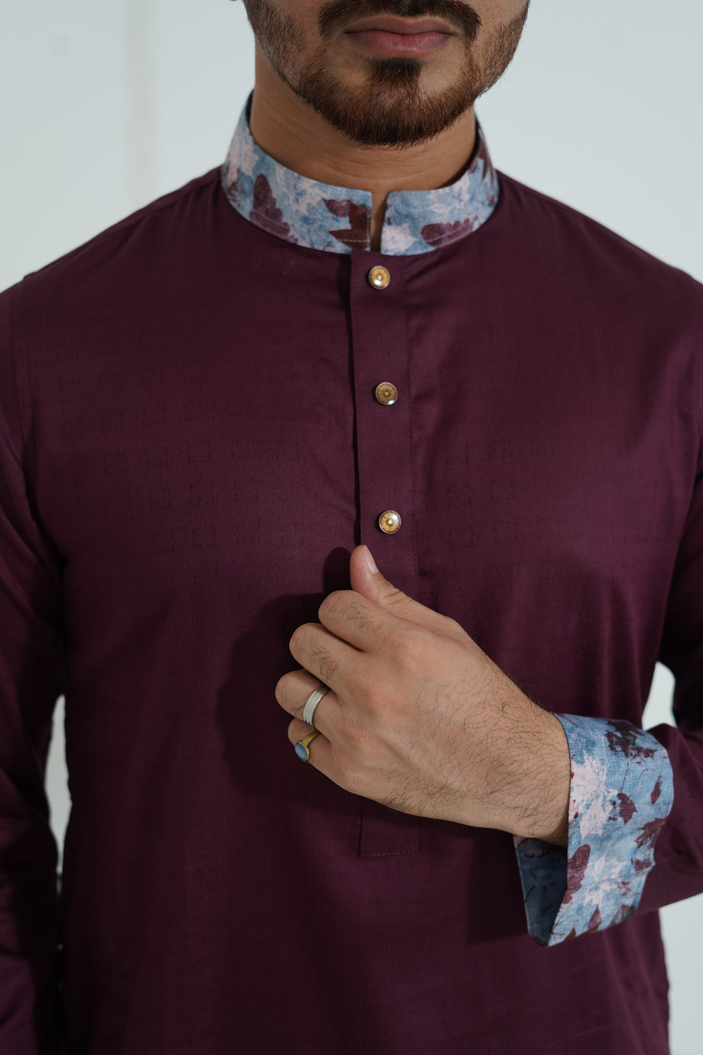 Premium Magenta Panjabi with Floral Printed Collar & Cuffs