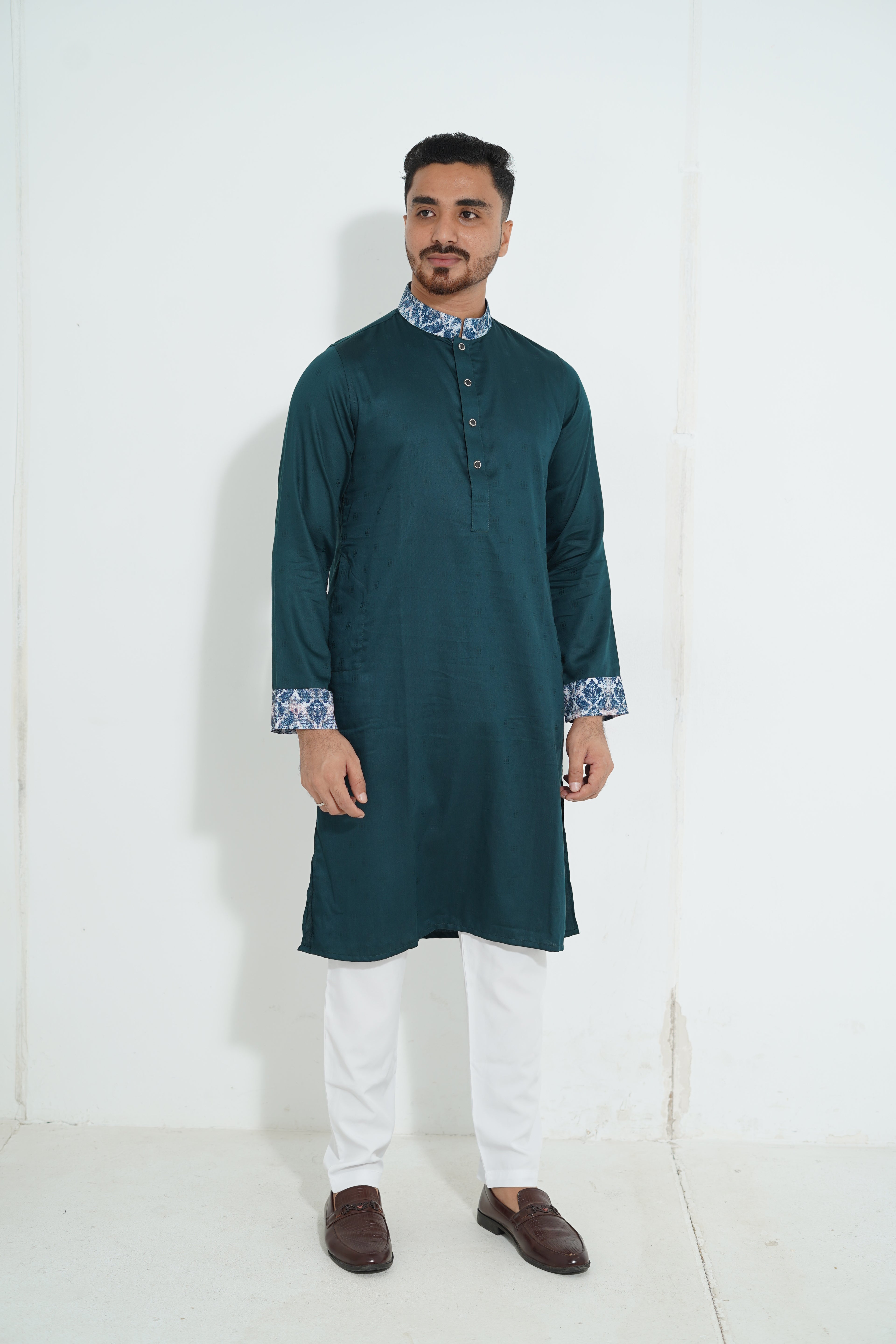 Premium Teal Green Panjabi with Printed Collar