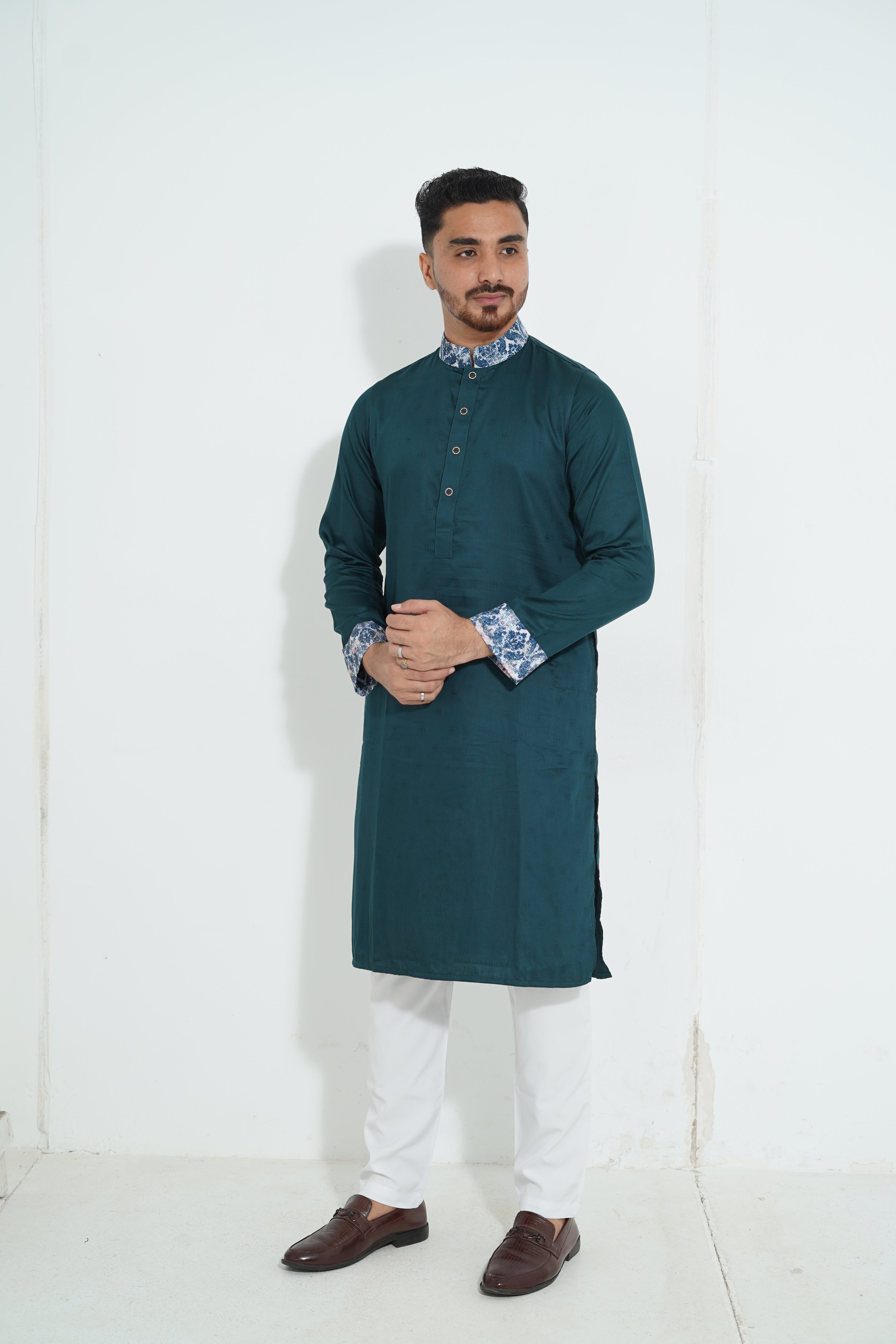Premium Teal Green Panjabi with Printed Collar