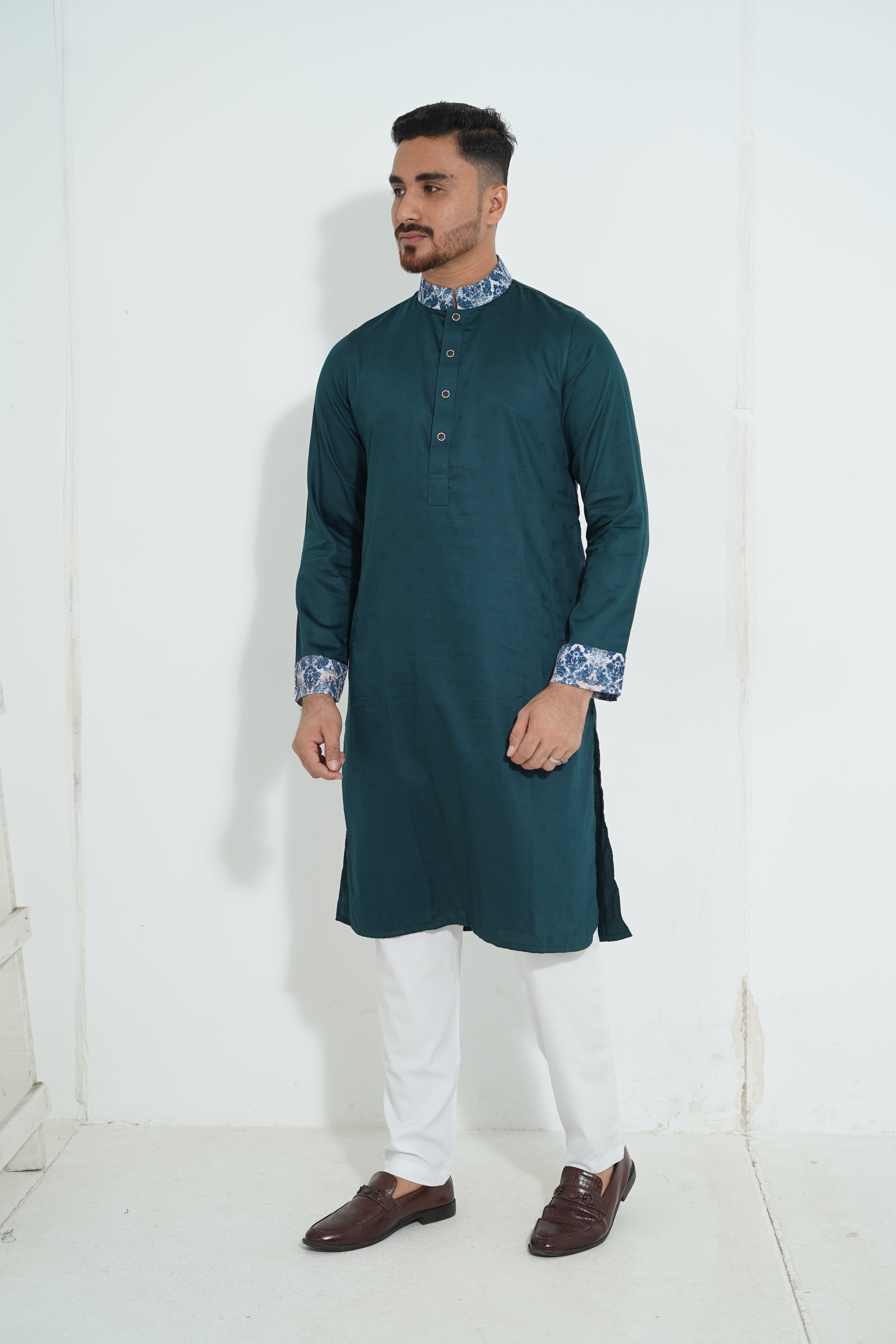 Premium Teal Green Panjabi with Printed Collar