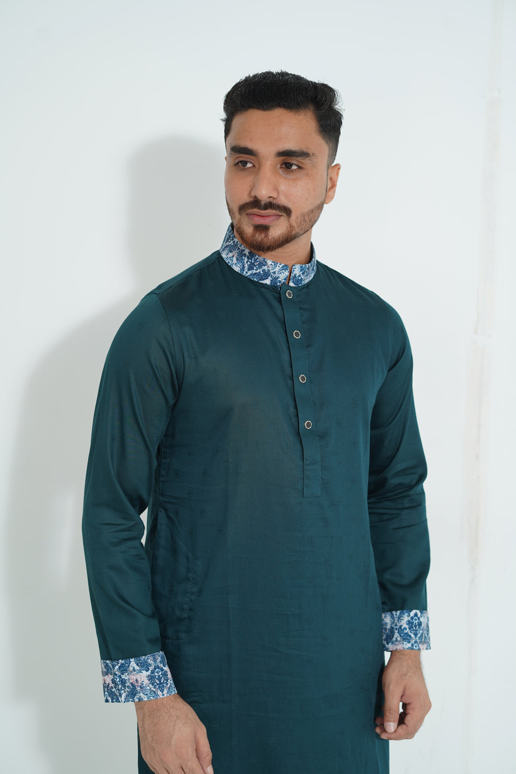 Premium Teal Green Panjabi with Printed Collar