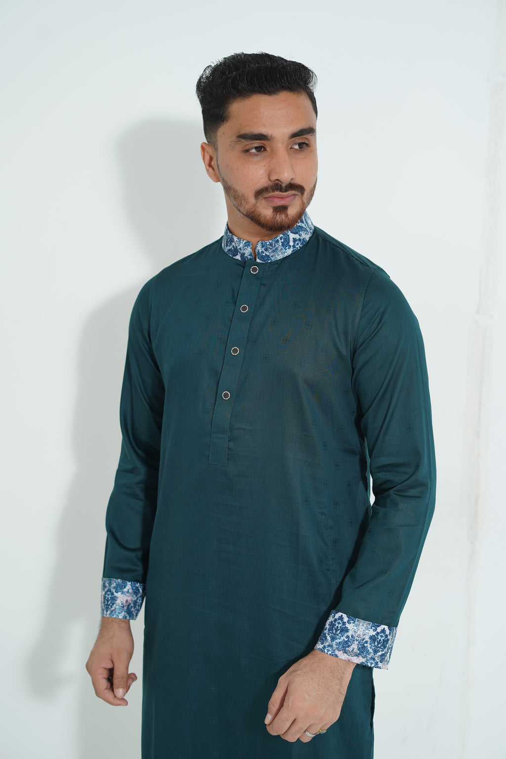 Premium Teal Green Panjabi with Printed Collar