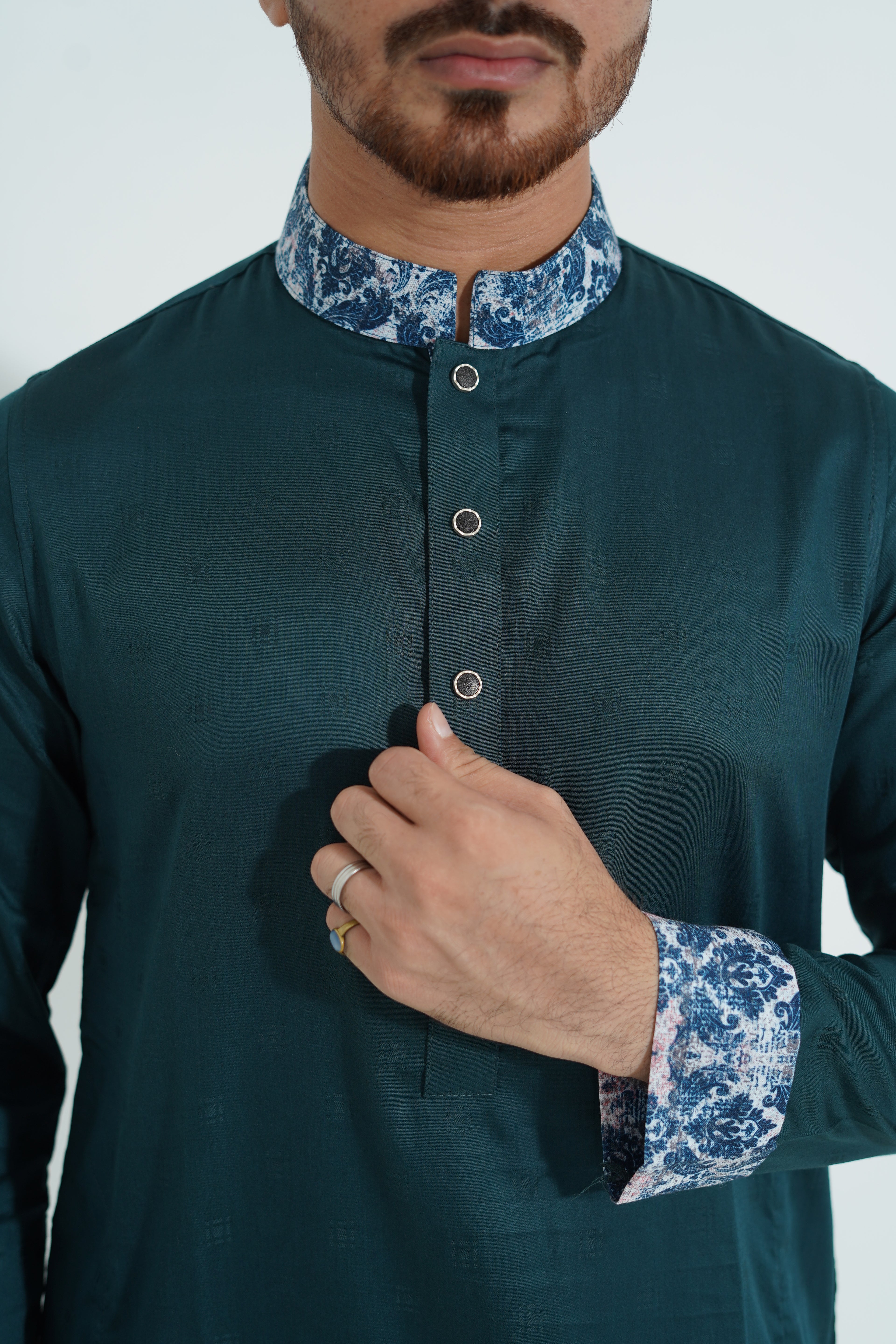 Premium Teal Green Panjabi with Printed Collar