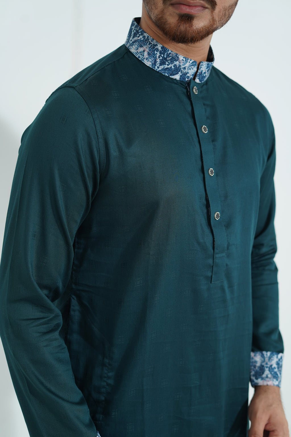 Premium Teal Green Panjabi with Printed Collar