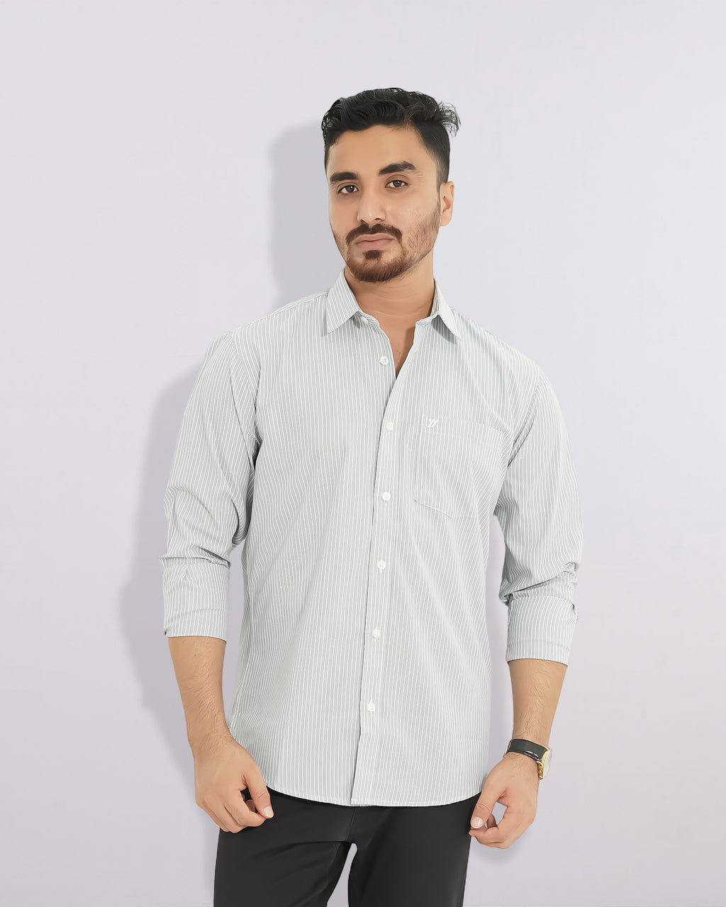 Premium Full Sleeve Stripe Ash Color Shirt