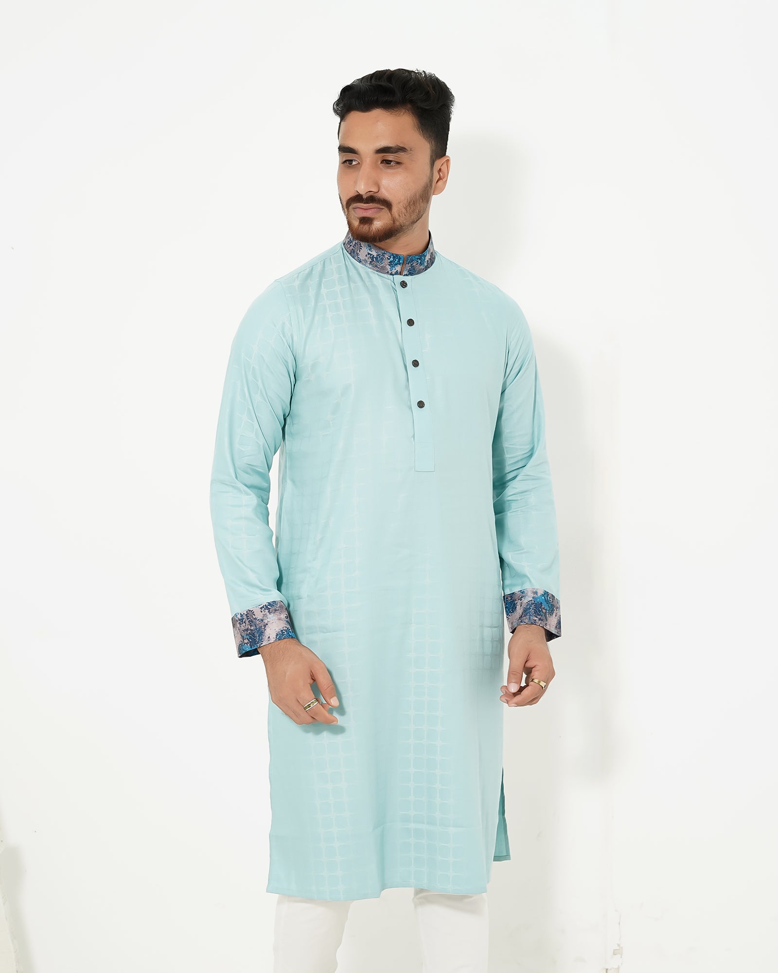 Pure White Textured Premium Punjabi with Contrast Collar