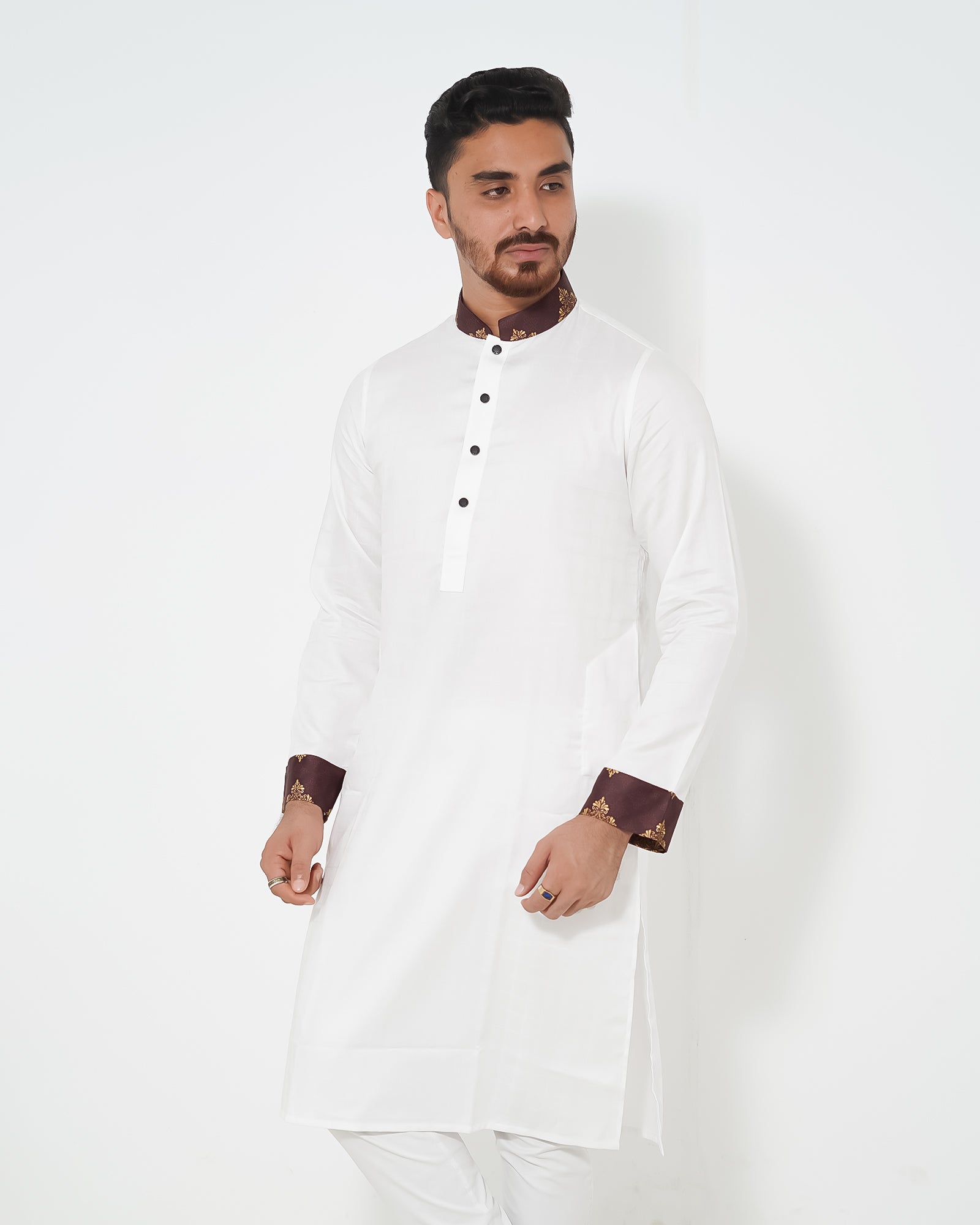 Pure White Textured Premium Punjabi with Contrast Collar