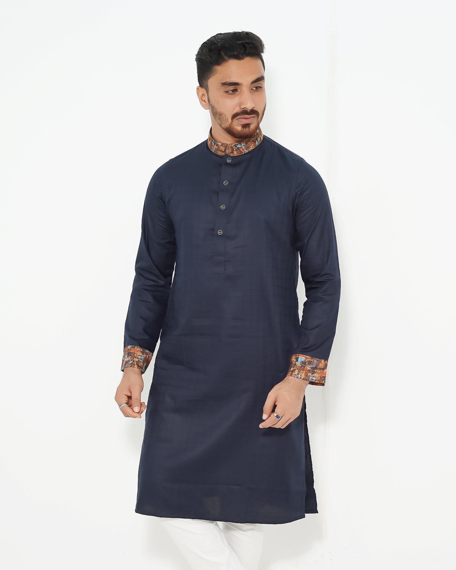 Pure White Textured Premium Punjabi with Contrast Collar